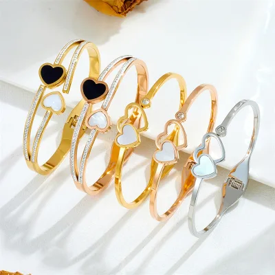 Women Minimalist Heart Bracelets Bangle Double Heart Shaped Stainless Steel Bracelet for Mom Gift Jewelry