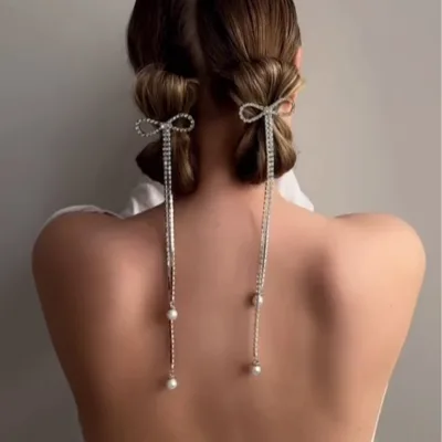 Sweet bow tassel hair clip, women's side braided hair, back of the head rhinestone headpiece, double ponytail hair accessory