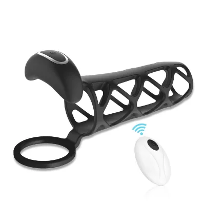 Silicone Cock Sleeve Vibrator with 9 Frequencies Remote Control Adult Enlarger Sex Toys Featuring Penis Rings
