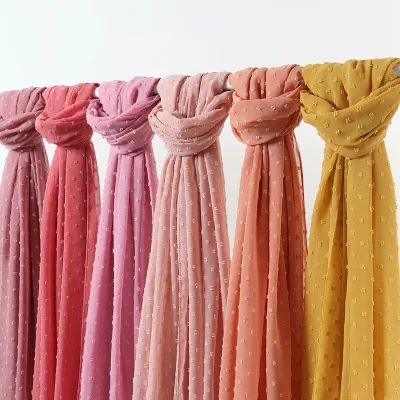New Most Beautiful Solid Plain Polka Dots Hijab Scarf Wraps Head Scarf Plumetis Chiffon Hijab Pompom Muslim Scarf