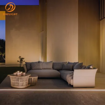Minimalist Wabi-Sabi Style Outdoor Modular Couch, Contemporary Woven Rope Patio Furniture Set with Teak/Stone Accents