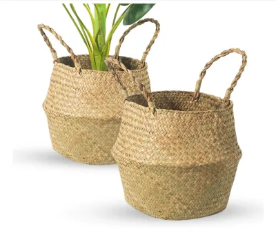 Seagrass Basket BrilliantJo Seagrass Belly Basket, Set of 2 Woven Plant Pot Holder Handmade Home Decor for Storage Plants Picnic