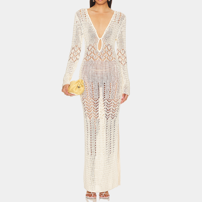 Women Knit Dress With V Neckline Holiday Bikini Side Split Cover up Crochet and See Through Maxi Beach Crochet Dress