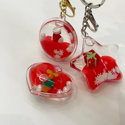 Cute Christmas Themed Acrylic Liquid Keychain Round Star & Heart Quicksand Pendant with PVC Wrist Strap Santa Stocking Gift Box