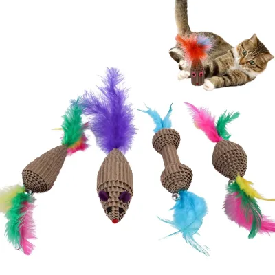 Interactive High-Quality Pet Game Toy Sisal Mouse with Feather Tail Cat Sisal Mouse Toy
