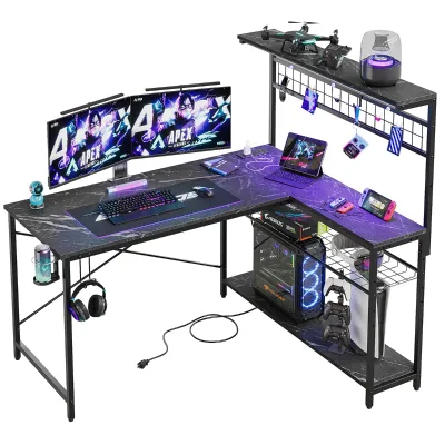 2025 Gaming Office Table Rgb Light Metal Frame Gaming Desk Home Office Furniture Double Desktop Gaming & Bookshelf Combination