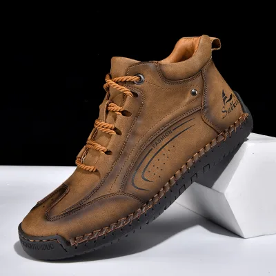 Large-size Hand-stitched Mens Polyurethane Ankle Boots Winter Foreign Trade; Stylish Comfortable Casual Outdoor Bootsideal