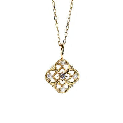 High-grade 18K Gold Inlaid Pearl Cross Flower Chain Necklace Rhombus Shape Palace National Fashion Light Luxury Unisex Pendant