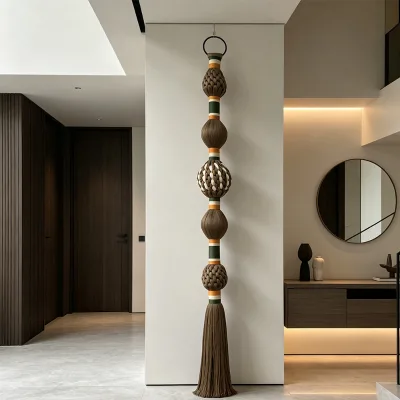 Factory Direct Modern Wabi Sabi Vertical Floor to Ceiling Macrame Hanging Sculpture for Hospitality Commercial Decor
