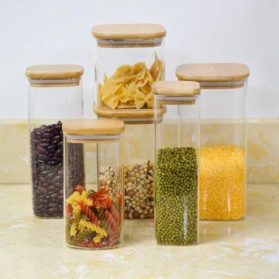 Large Square Glass Food Jar Spice Set Bamboo Lid Glass Airtight Canister Storage Jar