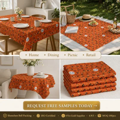 Custom Logo Printed Polyester Cotton Outdoor Picnic Blanket Table Cloth Farmhouse Orange Decor for Dining Party Cotton Bag