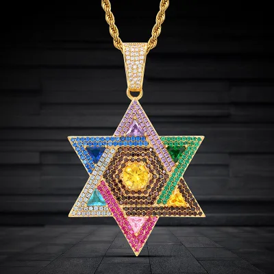 Popular Hip-hop Style High-quality Micro-paved Zircon Six-pointed Star Pendant Colorful Five-pointed Star Necklace