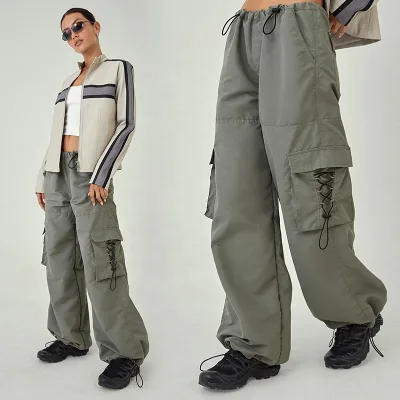 High Quality Oem Y2K Drawstring Elastic Waist Mens Custom Solid Color Oversized Men Baggy Cargo Parachute Pants With Large Pocke