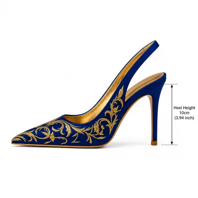 Custom Wide Feet Size Heels Blue Gold Embroidered Slingback Pumps OEM ODM Private Label Wholesale Footwear Factory for Designers