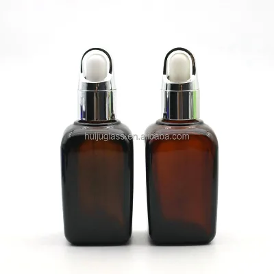 30 ml 50 ml Amber Glass Rectangle Apothecary Empty Bottle with Airtight Dropper Silver Cap