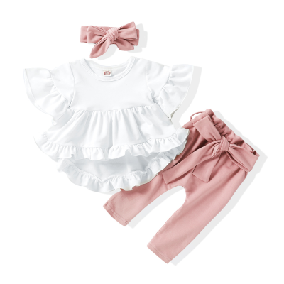 Baby Girl Spring Clothes Solid Flare Sleeve Top and Cute Pants Headband Toddler Girl Outfits Set 2021 Hot Sale Baby Sets