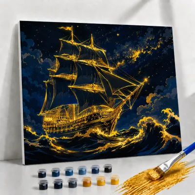 Golden Cotton Paints Landscape Painting with Wooden Frame Canvas Art Set-Modern Style DIY Home Decoration Christmas Gift Kit