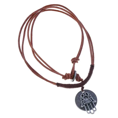New Fashion Collars Leather Vintage Alloy Hamsa Fatima Hand Palm Pendants Necklaces for Women Men Jewelry