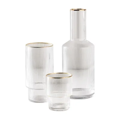 New DesignNordic Heat Resistant Borosilicate Cold Beverage Ribbed Gold Rimmed Glass Decanter Water Carafe For Wine Juice Whiskey