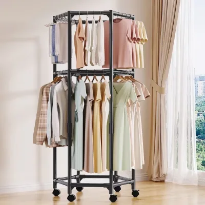 Rotating Movable Push-Pull Type Hexagonal Clothing Drying Hanger Carbon Steel Floor-standing Balcony Clothes Hat Rack