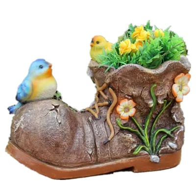 Cute Bird Boot-Shaped Magnesite Statue Sculpture Garden Ornament Flower Pot Decoration for Plants