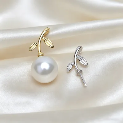 S925 Silver Leaf Shape Pearl Pendant Blank Setting 2 Colors White Plated Gold Pearl Mounts Fits 8-12mm Round Pearl DIY Jewelry