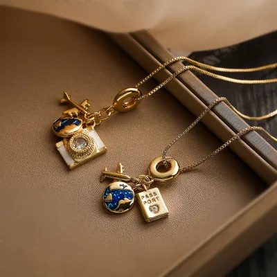 Wholesale Blue Earth Airplane Camera Zircon Inlaid Heart Shaped CZ Passport Airplane Pendant Necklace for Women Men Jewelry