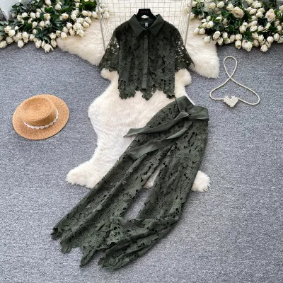 Women Summer Hollow Out Lace 2 Piece Pants Set Short Sleeve Collared Buttoned Cropped Shirt High Waist Belted Wide Leg Pants