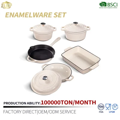 Gourmet Heavy Duty Cream Enamel Cookware Combo, Dual Handle Dutch Oven Fry Pan Roasting Tray Enameled Cast Iron Set