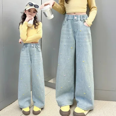 Summer Korean Style Solid-color Flowers Embroidered High Waist Loose-fitting Straight-leg Wide-leg Denim Jeans for Girls Older