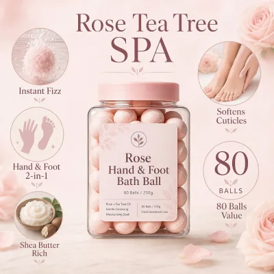 Hand Foot Bath Bomb 2 in 1 Rose Tea Tree Fizz Ball Shea Butter Spa Soak Effervescent Moisturizing 80 Balls Jar Custom OEM