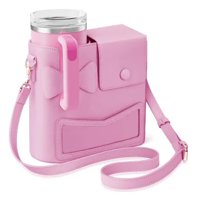 Custom Stylish Women's PU Leather Crossbody Universal Water Bottle Carrier Water Cup Storage Holder Bag