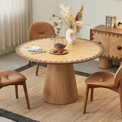 Round Wooden Dining Table with Scalloped Two-Tone Inlay Edge, Mid-Century Modern Pedestal Kitchen Table with Conical Base