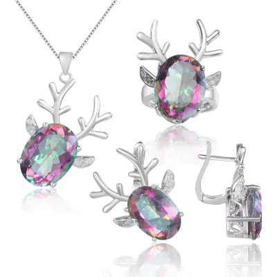 C2814 Abiding Symbolic Rainbow Mystic Quartz Gemstone 925 Sterling Silver Deer Reindeer Elk Antlers Christmas Jewelry Set