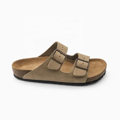 Apricot Crazy Horse Genuine Leather Slide Sandals Women Cork Foot Bed Open Toe Slippers Adjustable Buckle Two Strap Walking Shoe
