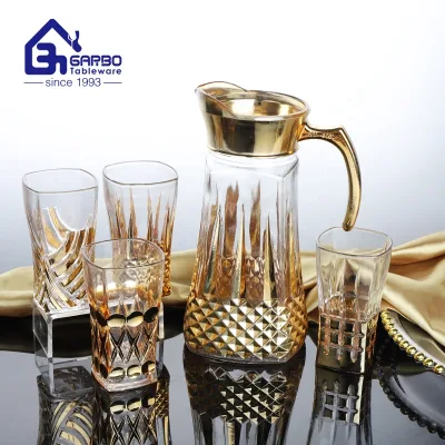 Golden Plating Luxury Drinking Water Set Factory Wholesales Water Glass Pitcher Jug with Glass Cups 7 Pieces Glass Lemon Set
