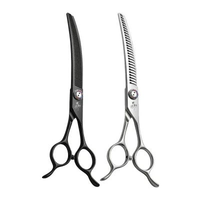 7/7.5inch Stainless Steel Simple Curved Chunker & Thinning Scissors Set for Dog Hair Trimming Grooming Shear Portable