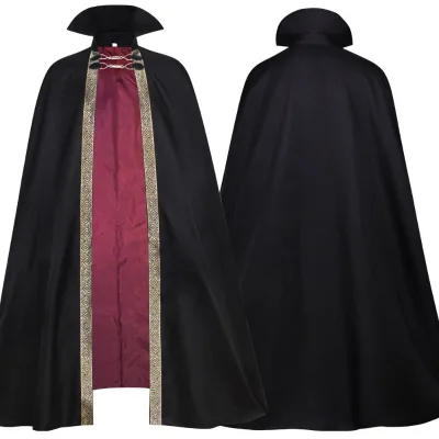 Black Witch Vampire Long Cape Cloak Hooded Halloween Costume for Men Woman Kids Female Girl Boy Adult Death Scary Devil Role