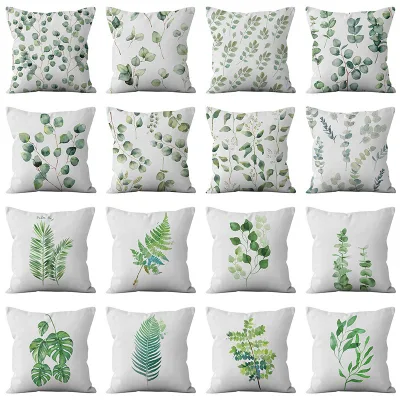 Green Leaf Printing Cushion Cover Sofa Decorative Short Plush Greenery Pillow Case 45x45cm MMD06
