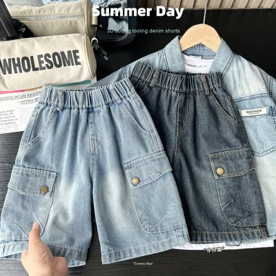 2026 Summer New Arrival Casual Boys' Sand-Washed Denim Workwear Shorts Five-Quarter Pants Kids' Clothing Wholesale
