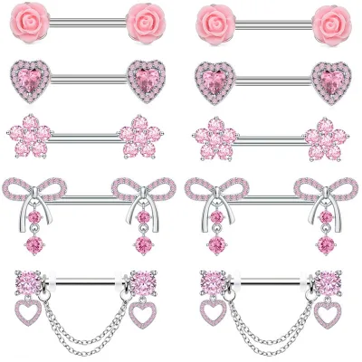 Wholesale pink Sexy Breast Rings No Harm Stainless Steel Nipple Jewelry Fancy Flower Heart Shaped Zirconia Nipple Piercing Rings