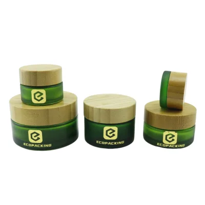 Frosted Green 5g 15g 30g 50g 100g Glass Cosmetic Face Cream Jar with Bamboo Lid