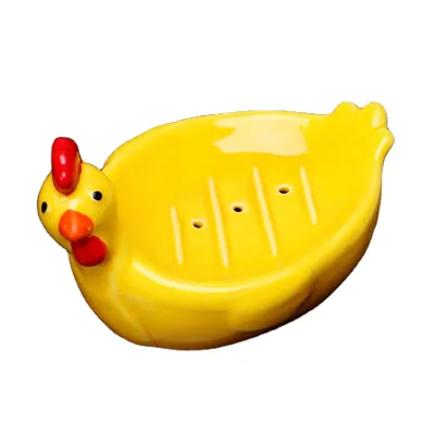Custom Ceramic Chicken Soap Dish,Self Draining Blue and Yellow Soap Dish Soap Holder for Bathroom Washroom