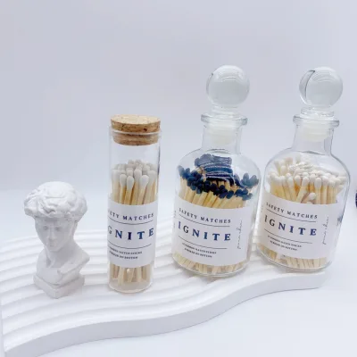 Clear Glass Bottle With Crystal Ball Lid Custom Printed Paper Labels Wooden Matches Safe Ignition Tools for Scented Candles