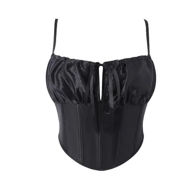 New Arrival Glossy Satin Ruched Tie Front Boned Body Shaper Chic Spaghetti Strap Women Corset