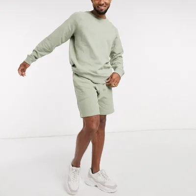 2020 Co-ord 100% Cotton Sweat Suits Crew Neck Sweat Shorts 2pcs Tracksuit Men