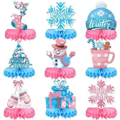 PinkBlue Snowflake Snowman Christmas-Themed Cartoon Honeycomb Centerpiece Decorations Cardboard Material Outdoor Use Hot Selling
