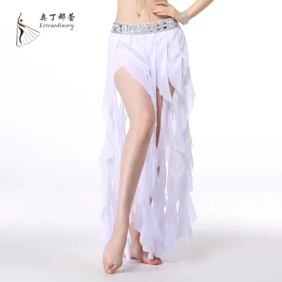 Women Sexy Chiffon Belly Dance Skirt Tribal Style Hula Skirt Hip Scarf With Long Ruffle Fringe White