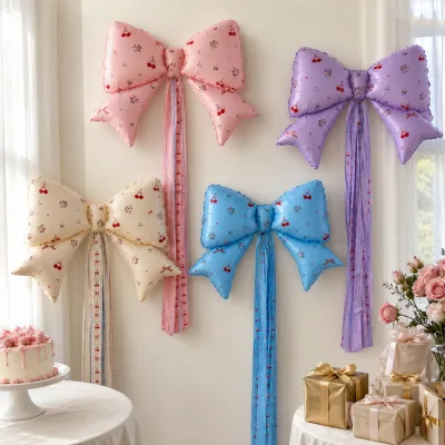 21 Inch Tasseled Bow Tie Aluminum Foil Balloon Cherry Floral Print Bow Ribbon Party Birthday Decorations Balloon