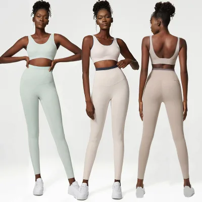 Seamless Thin Yoga Wear Sets for Women Plus Size Sportswear Suit With Four-way Stretch Contrast Color Logo Waist Running Fitness